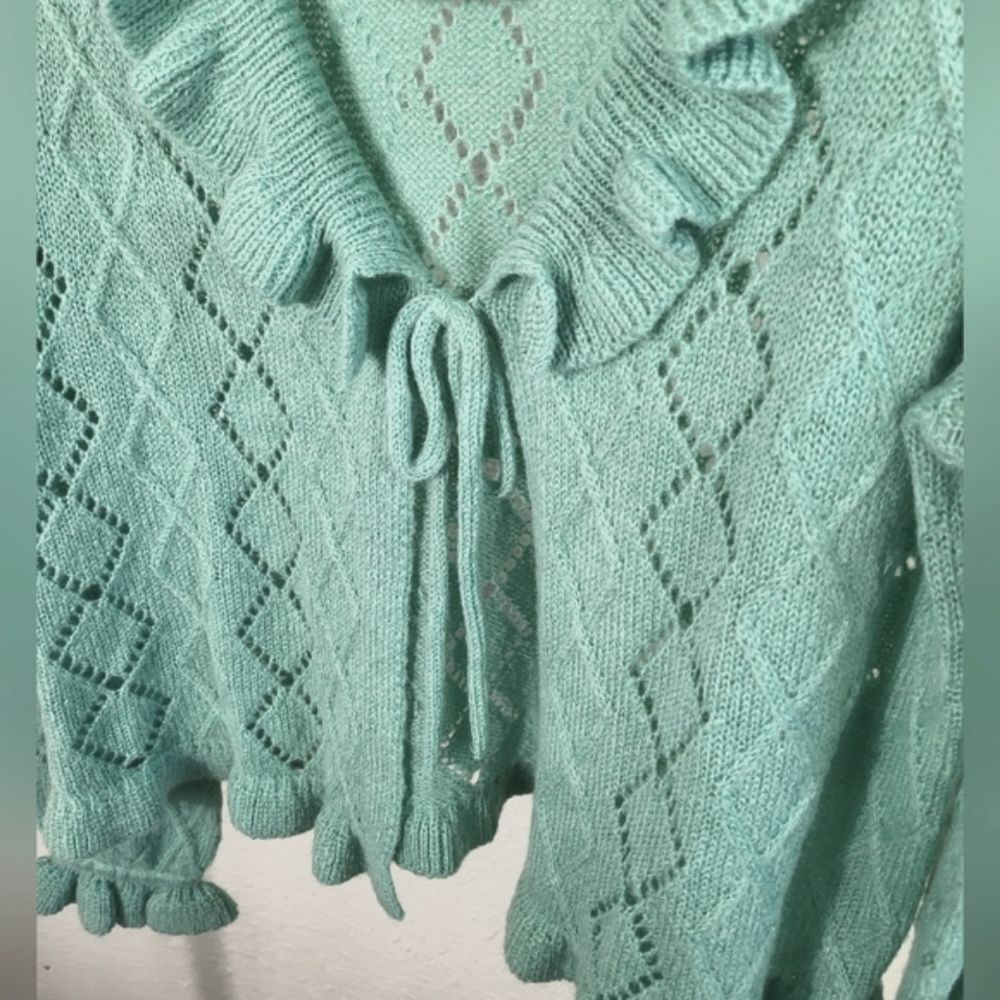 Charter Club Wool Blend Ruffle Front Tie Cardigan Romantic Feminine Knit - Picture 2 of 6